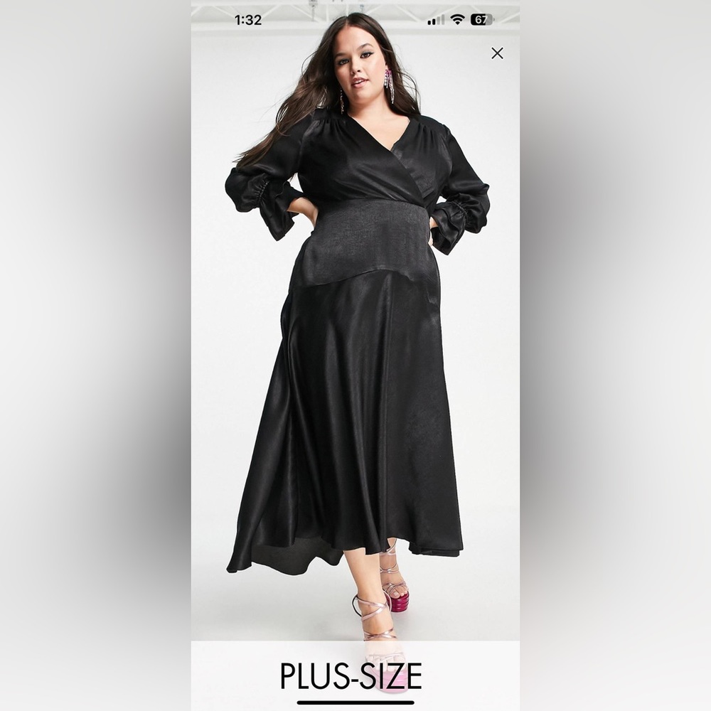 PLUS SIZE Flounce London Plus long sleeve midi dress in black satin